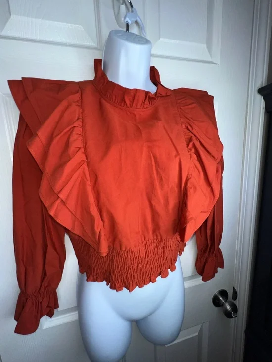 Zara Women’s Medium Ruffled Poplin Crop Top Blouse M 100% Cotton Brick Red - Picture 11 of 15